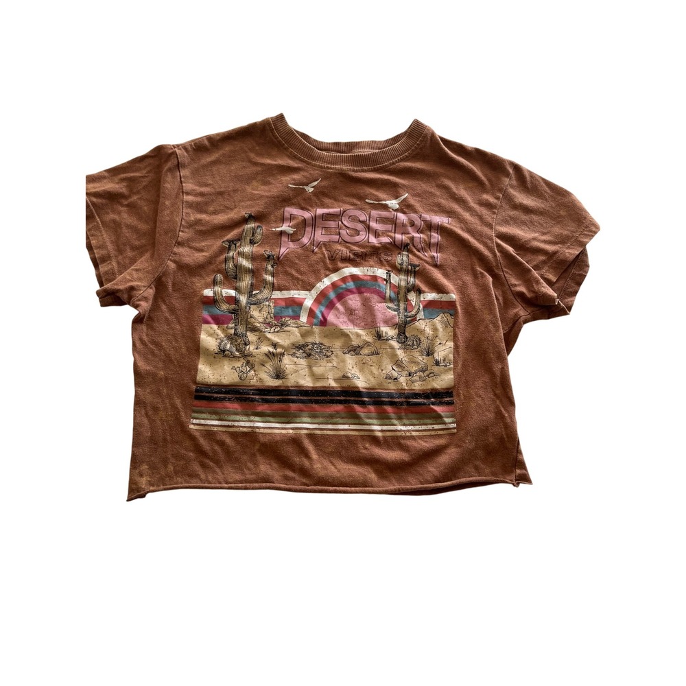 No Boundaries Desert Vibes Cropped Graphic T-Shirt Brown XS Boho Cacti Rainbow